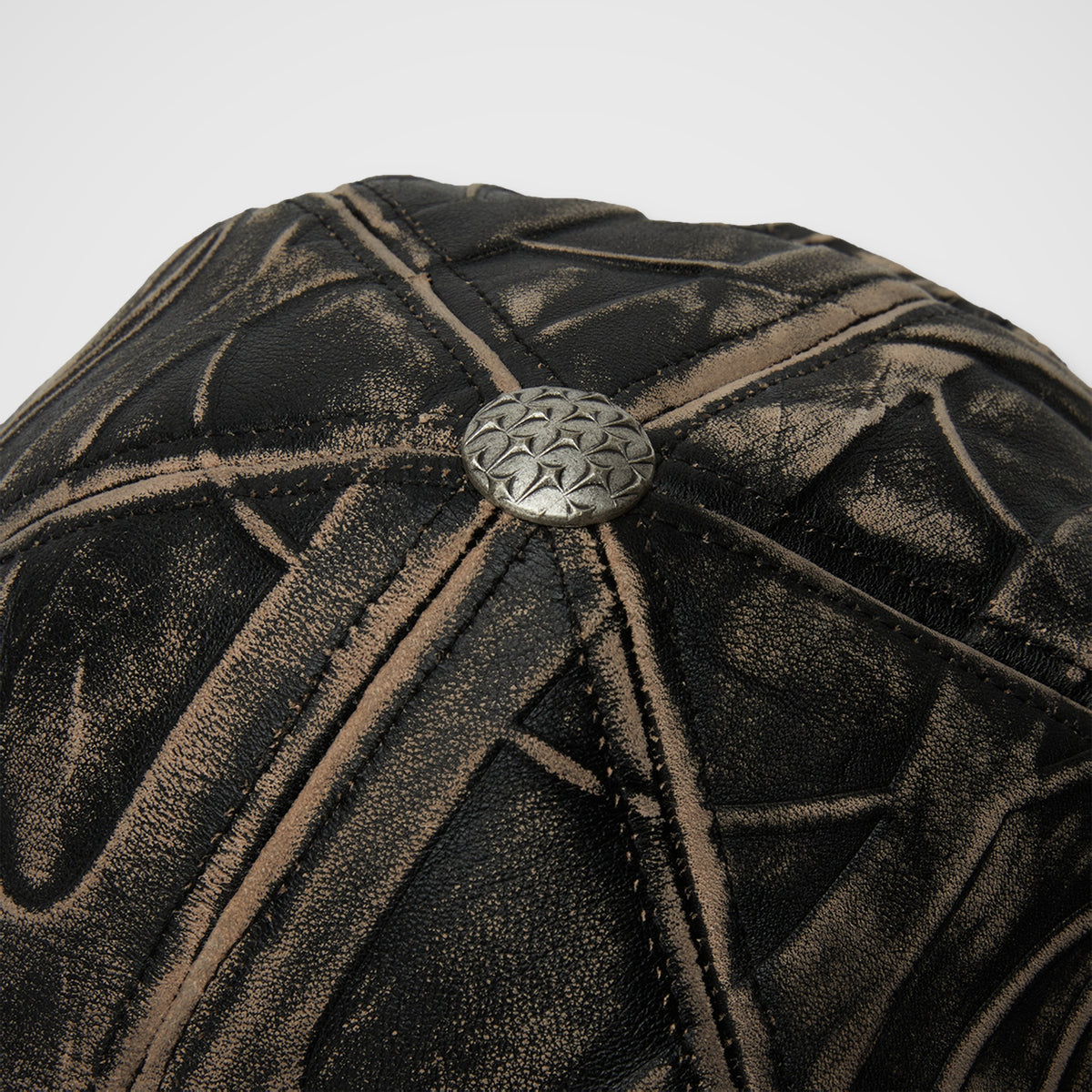 Thug Club TC Leather Chopper Cap in black, close-up detail, view 4 of 5