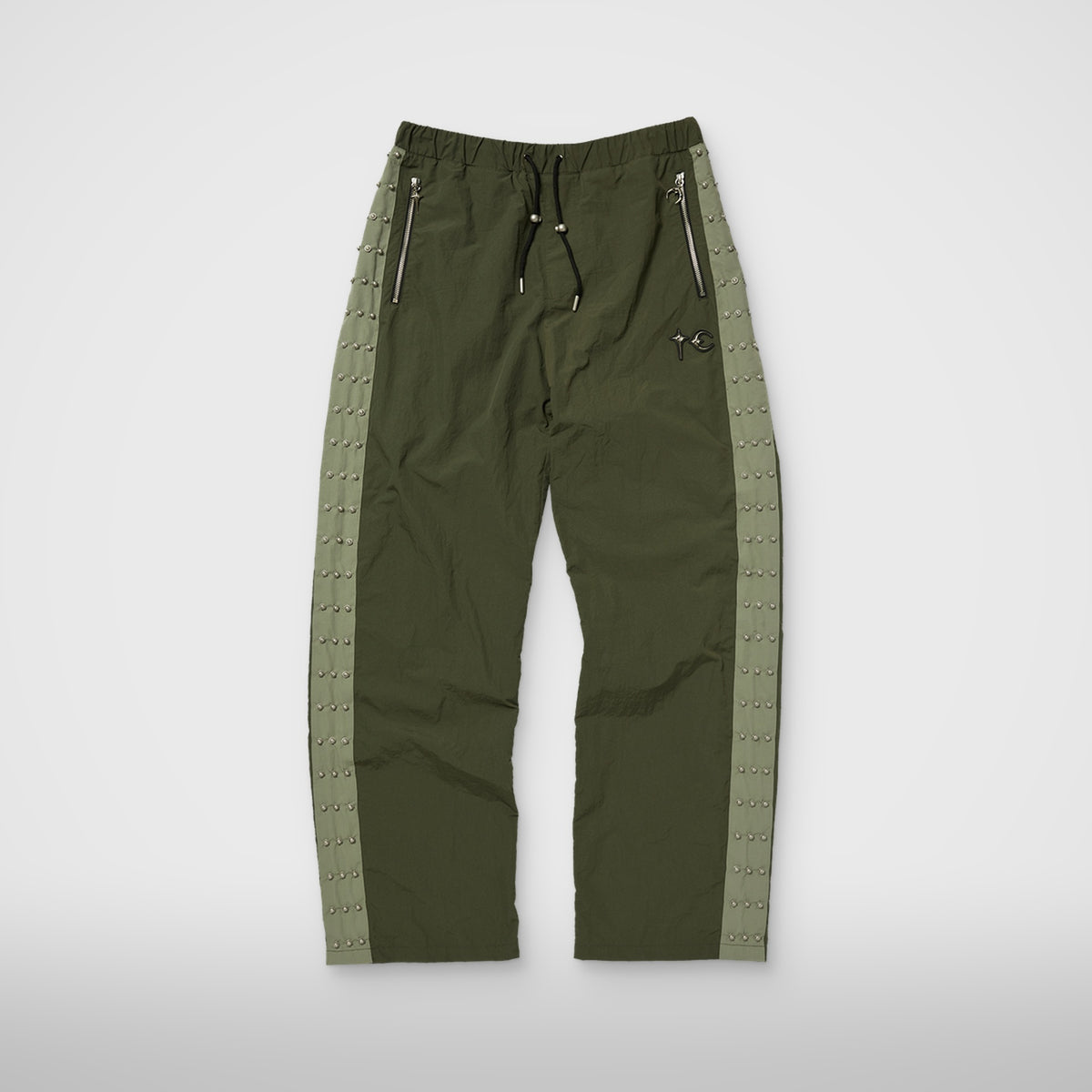 Thug Club Triple Line Stud Track Pants in khaki, front view
