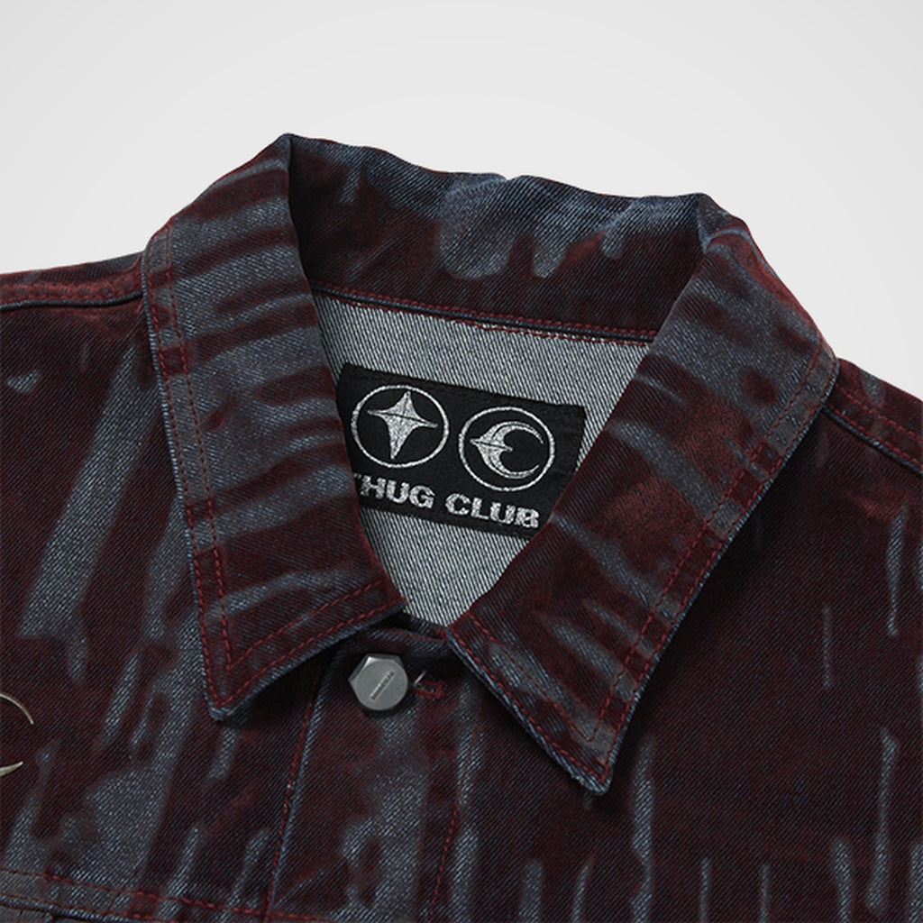 Thug Club Blood Lazered Denim Jacket in red, view 3 of 9