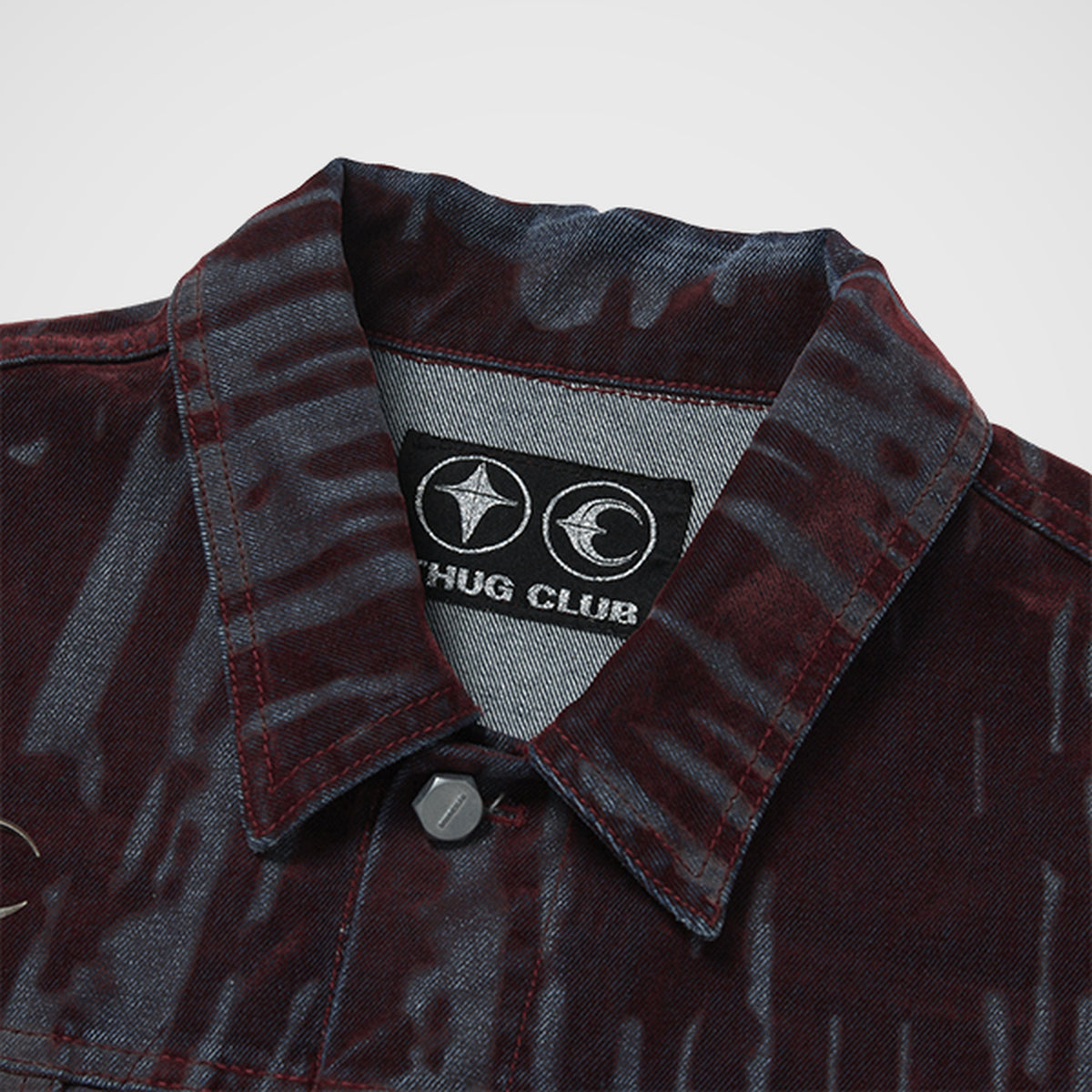 Thug Club Blood Lazered Denim Jacket in red, view 3 of 9