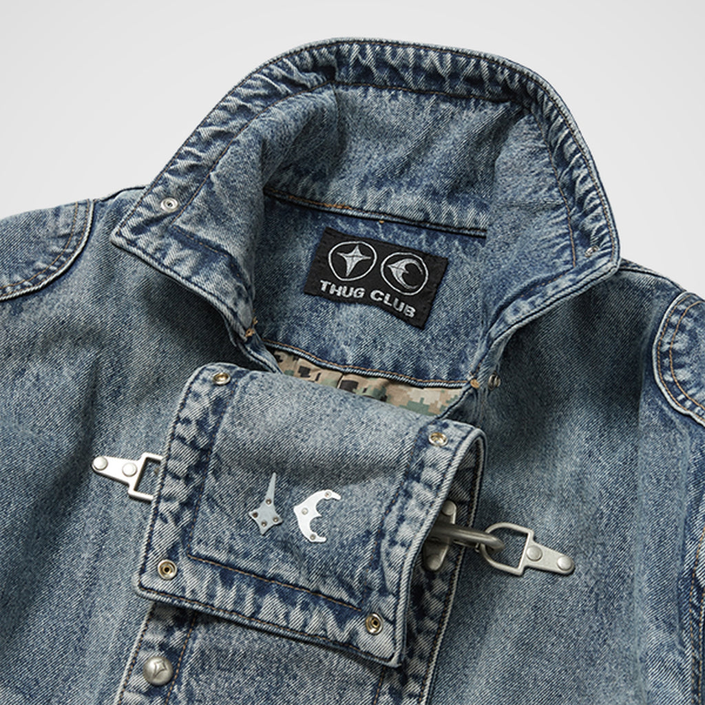 Thug Club Bio Soldier Denim Trench Coat in blue, view 4 of 10