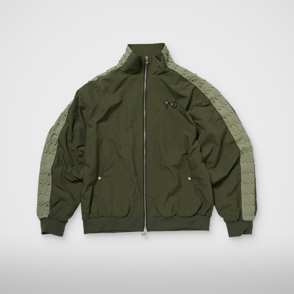 Thug Club Triple Line Stud Track Jacket in khaki, front view