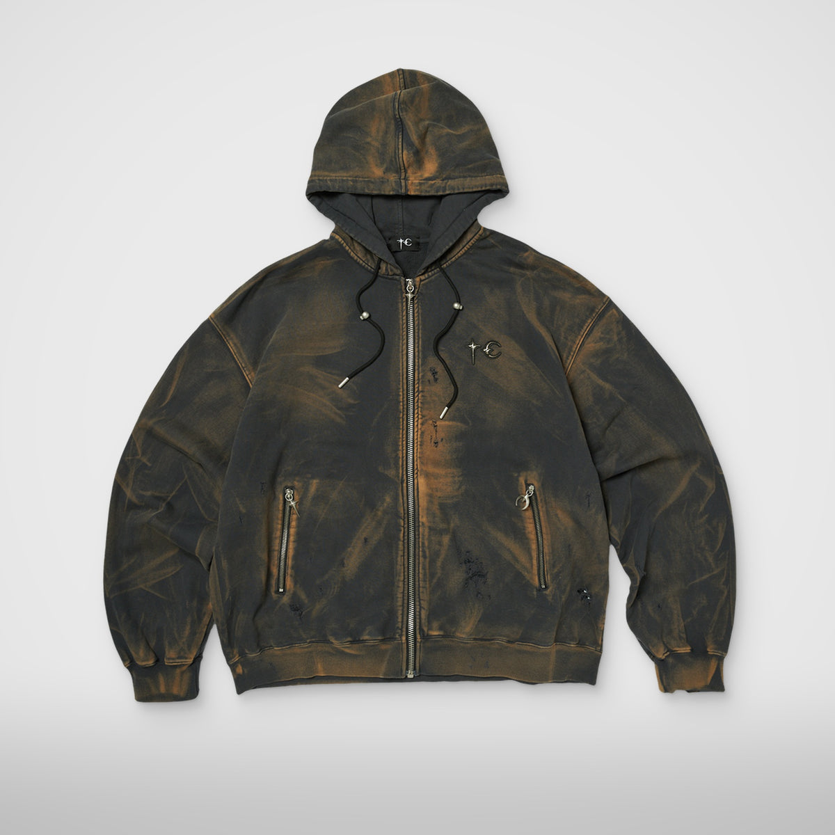 Thug Club TC Two Tone Washed Zip-Up Hoodie in rust black, front view