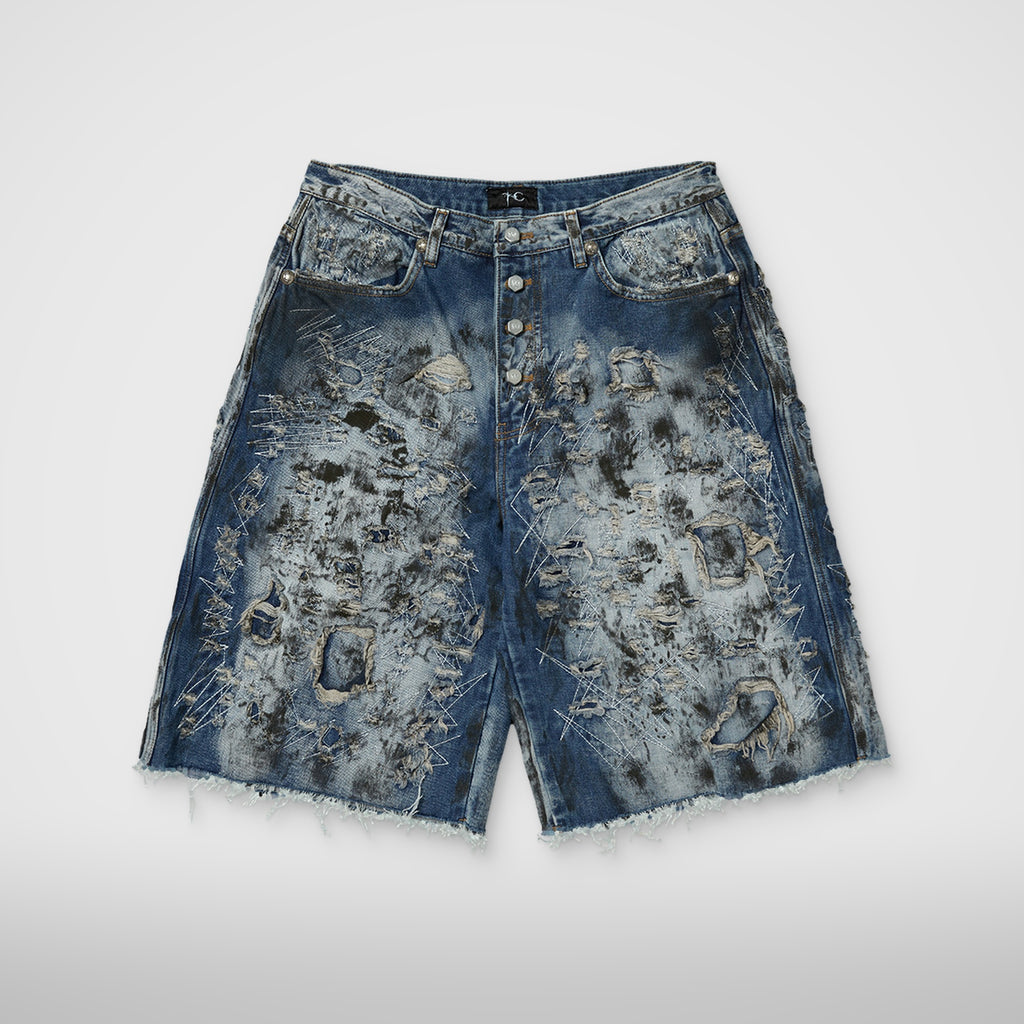 Thug Club Hard Washed Destroyed Denim Shorts in blue