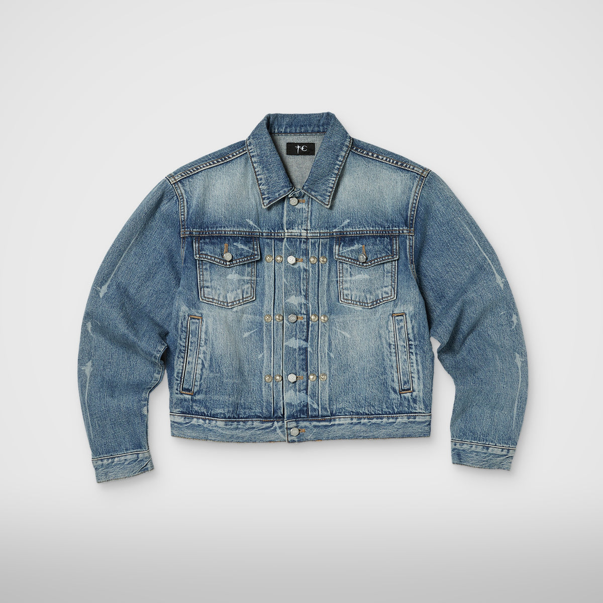 Thug Club TC Spine Laser Denim Jacket in blue, front view