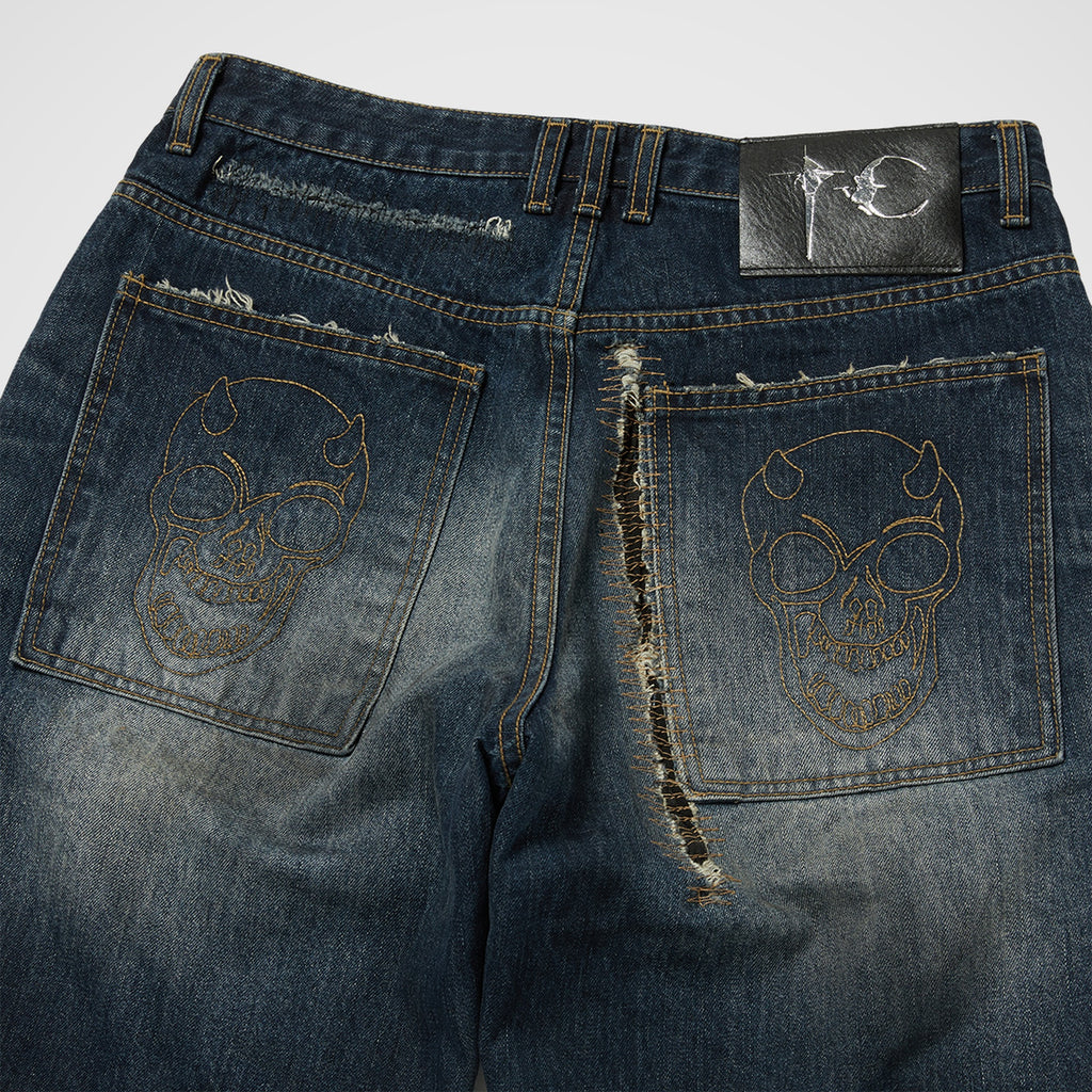Thug Club Skull Stitch Ripped Denim Pants in blue, view 3 of 3