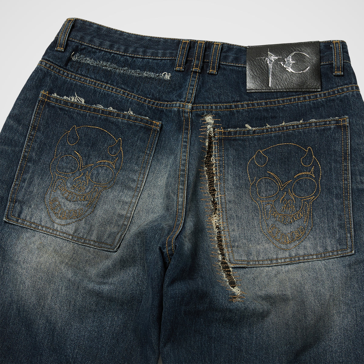 Thug Club Skull Stitch Ripped Denim Pants in blue, view 3 of 3