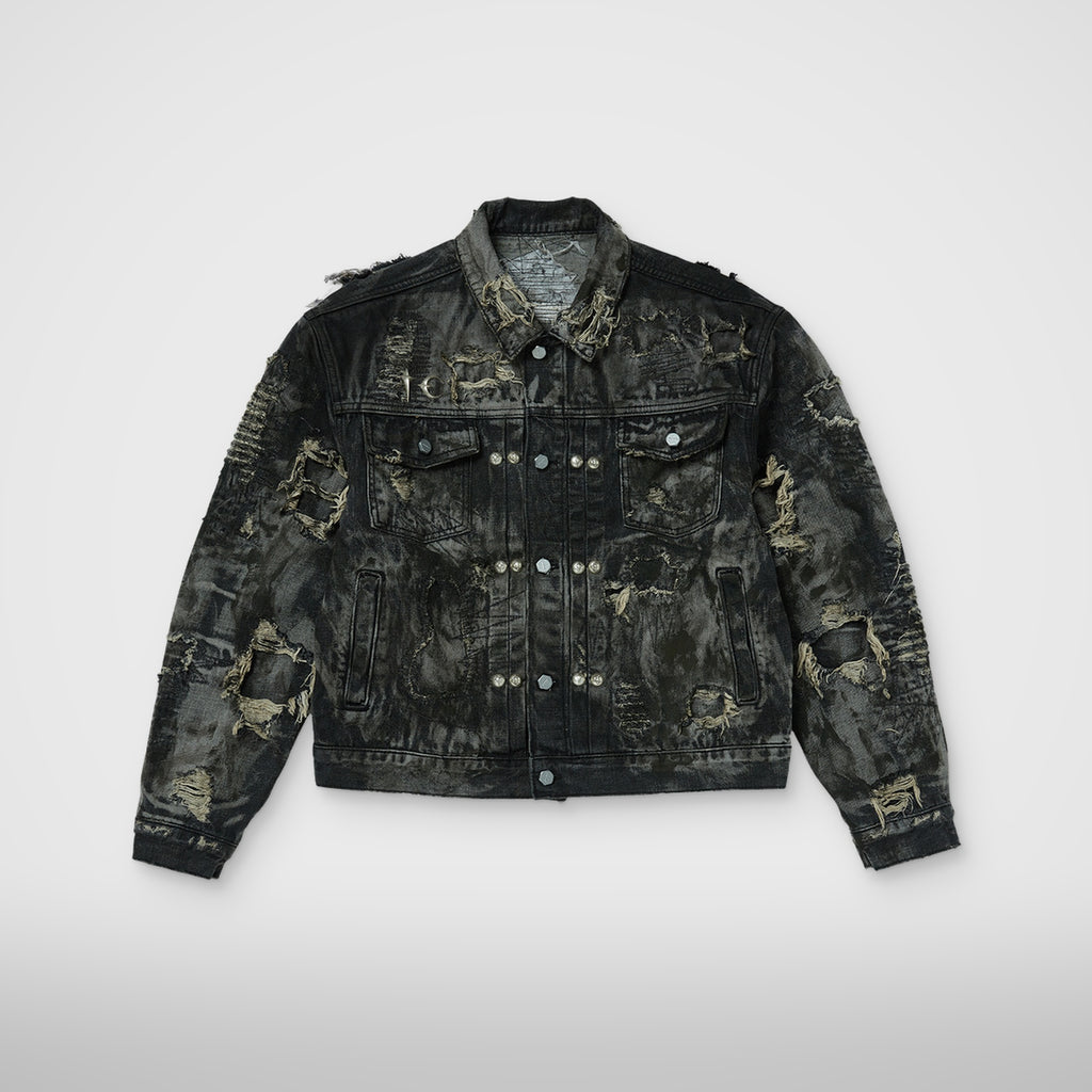 Thug Club Hard-Washed Damaged Denim Jacket in black