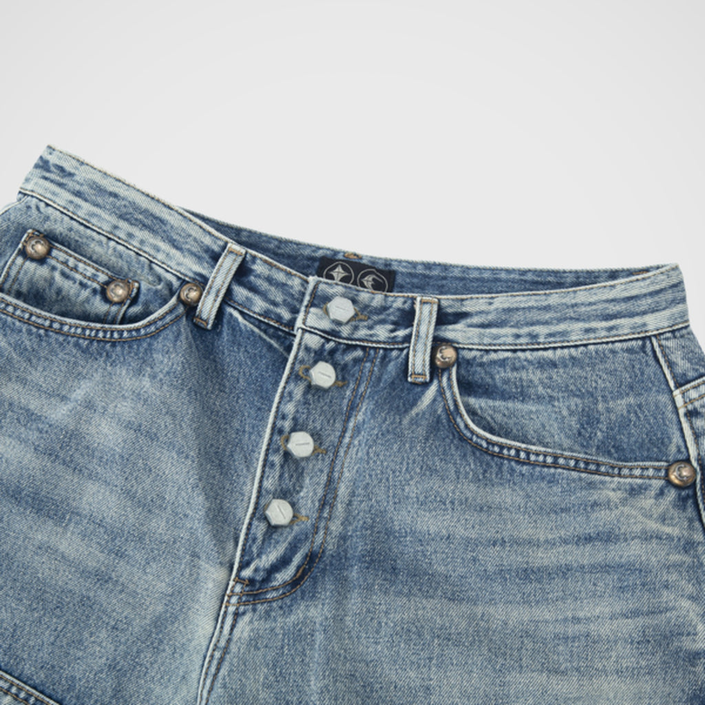 Thug Club Double Knee Denim Shorts in blue, view 3 of 5