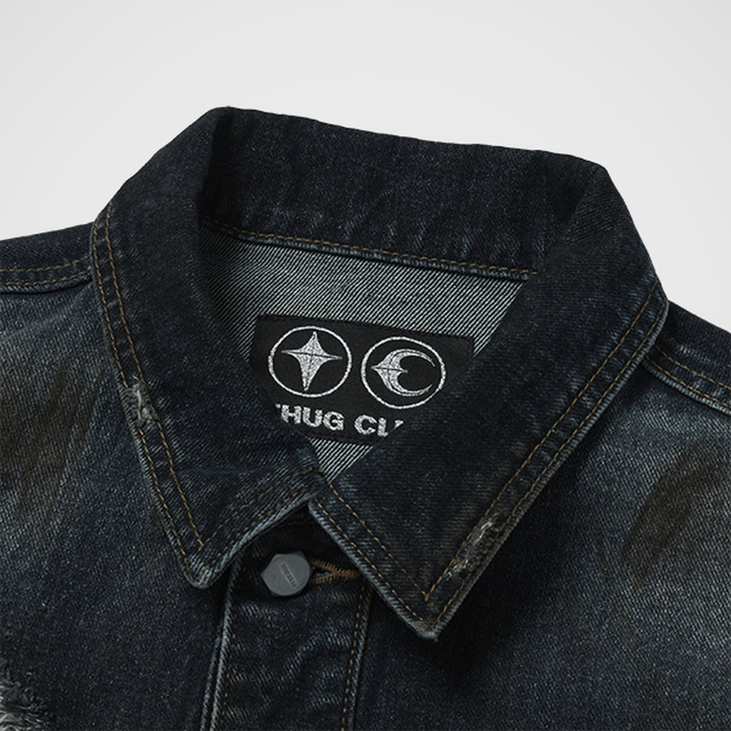 Thug Club Burn Down Denim Jacket in blue, view 3 of 9