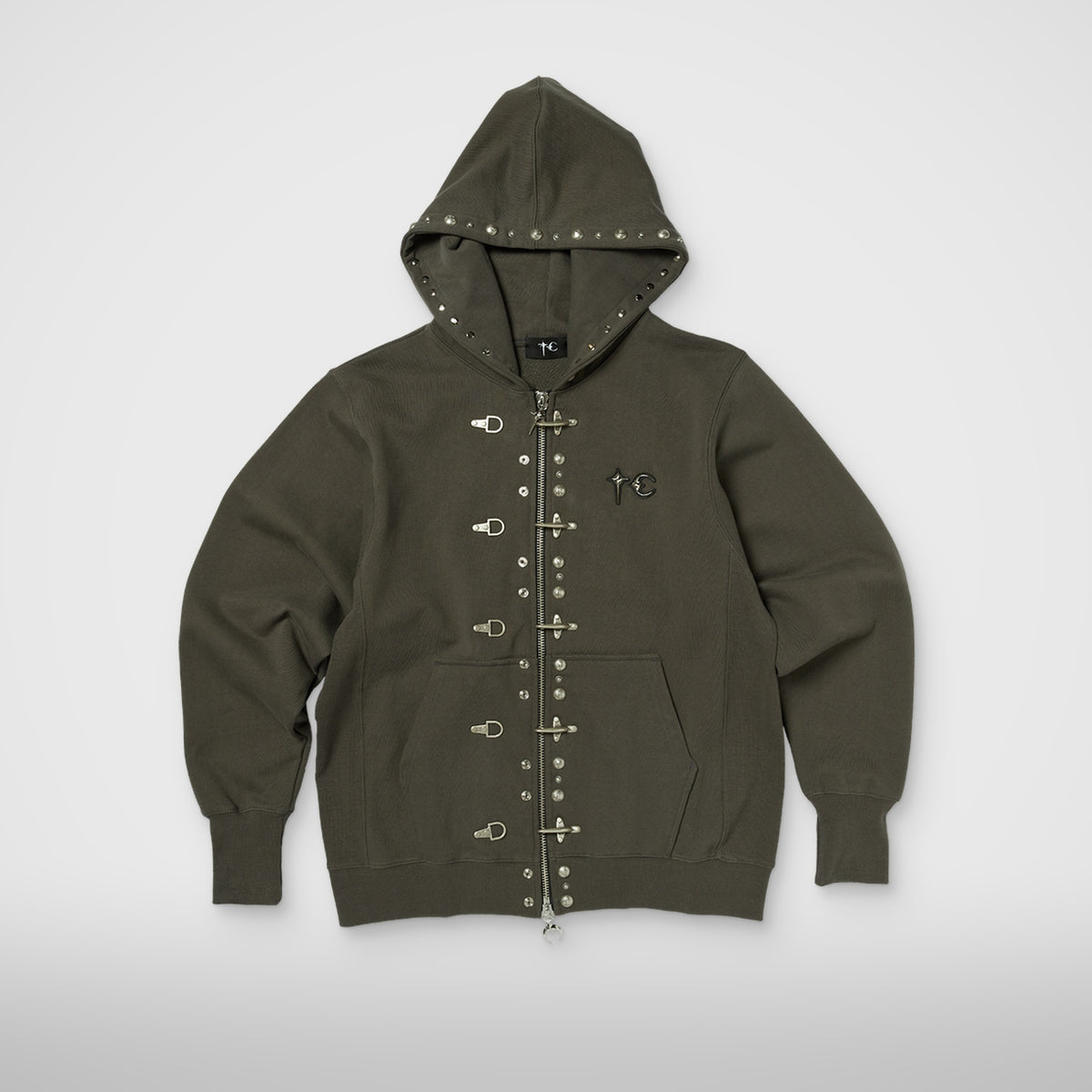 Thug Club TC Studded Line Zip-Up Hoodie in khaki, front view