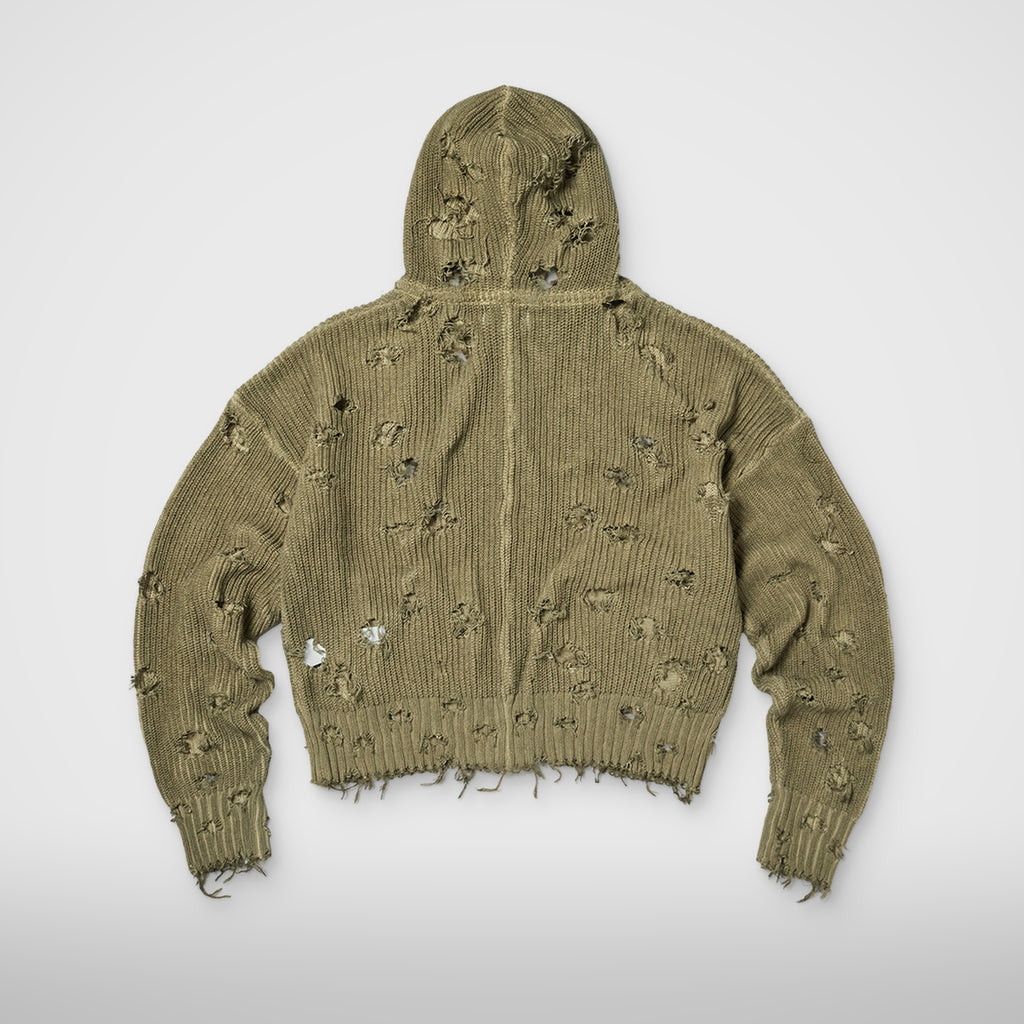 Thug Club TC Destroyed Knit Zip-Up Hoodie in beige, view 2 of 2