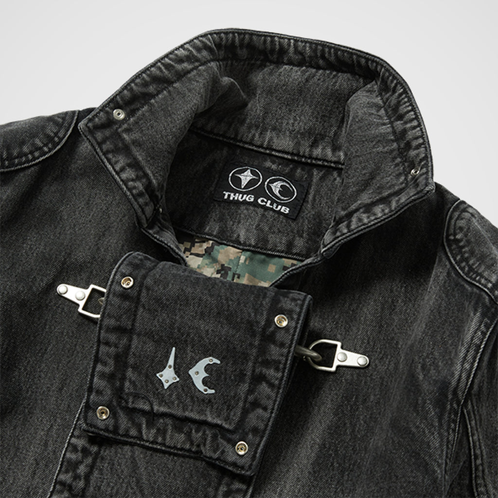 Thug Club Bio Soldier Denim Trench Coat in black, view 4 of 10