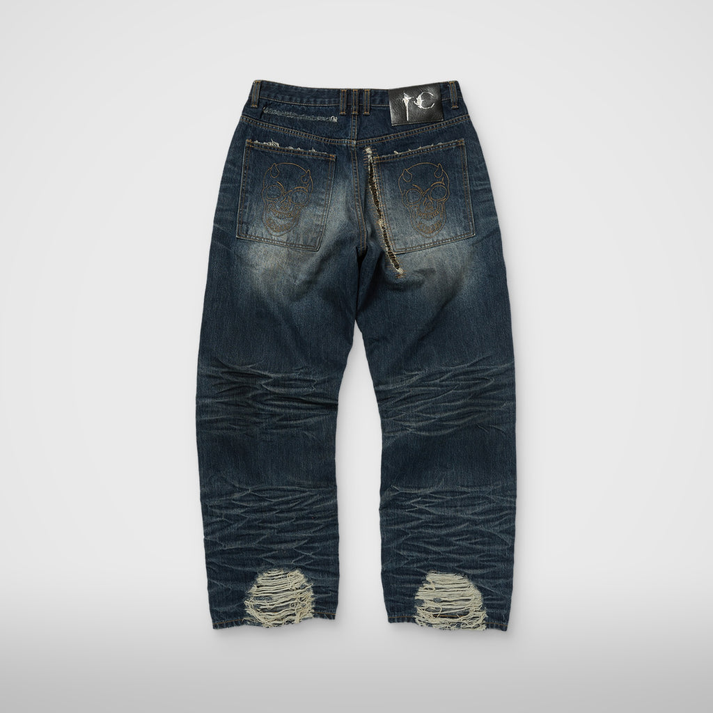 Thug Club Skull Stitch Ripped Denim Pants in blue, view 2 of 3