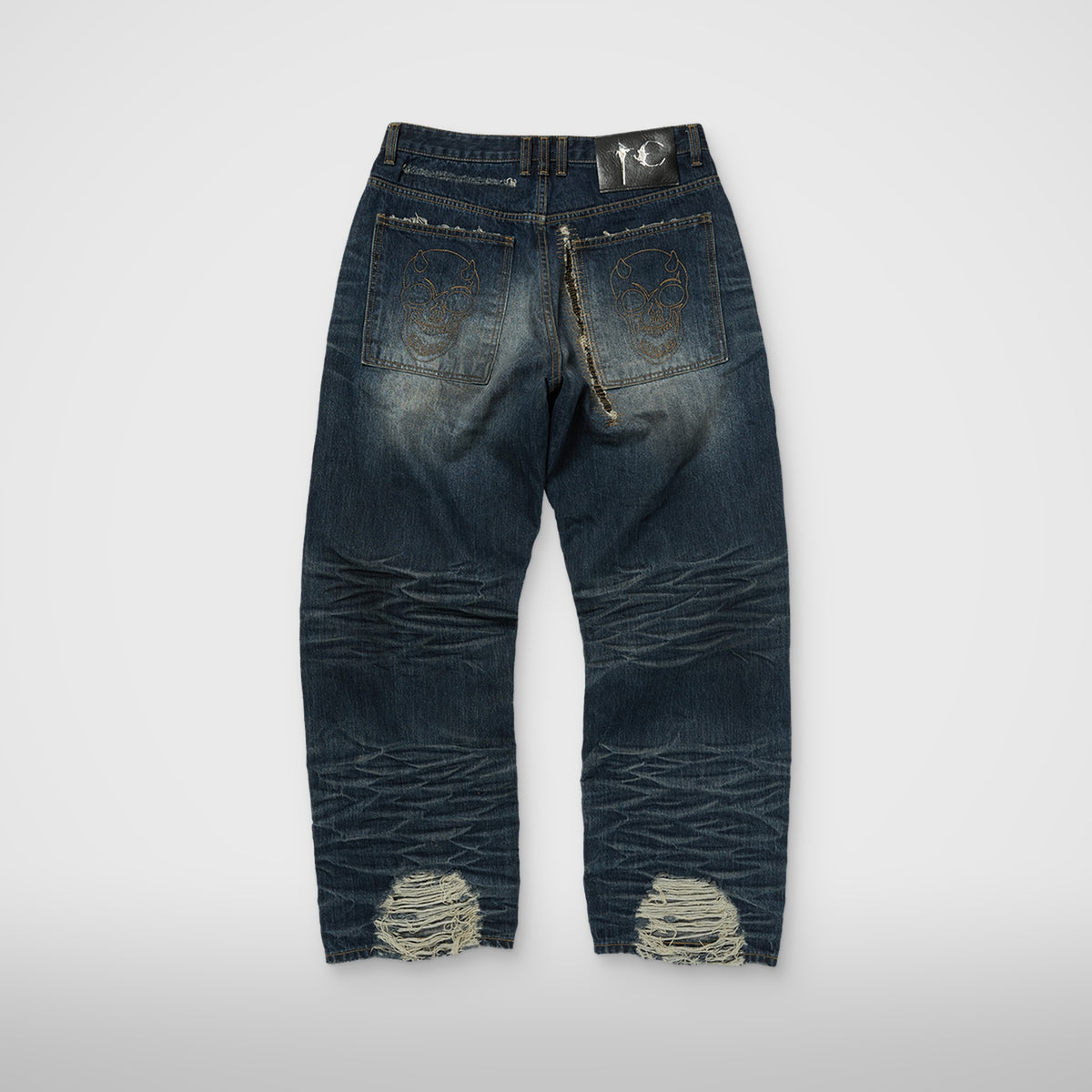 Thug Club Skull Stitch Ripped Denim Pants in blue, view 2 of 3