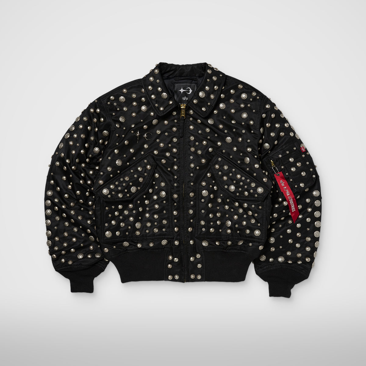 Thug Club X Alpha CWU 45/P All Over Rivet Jacket in black, front view