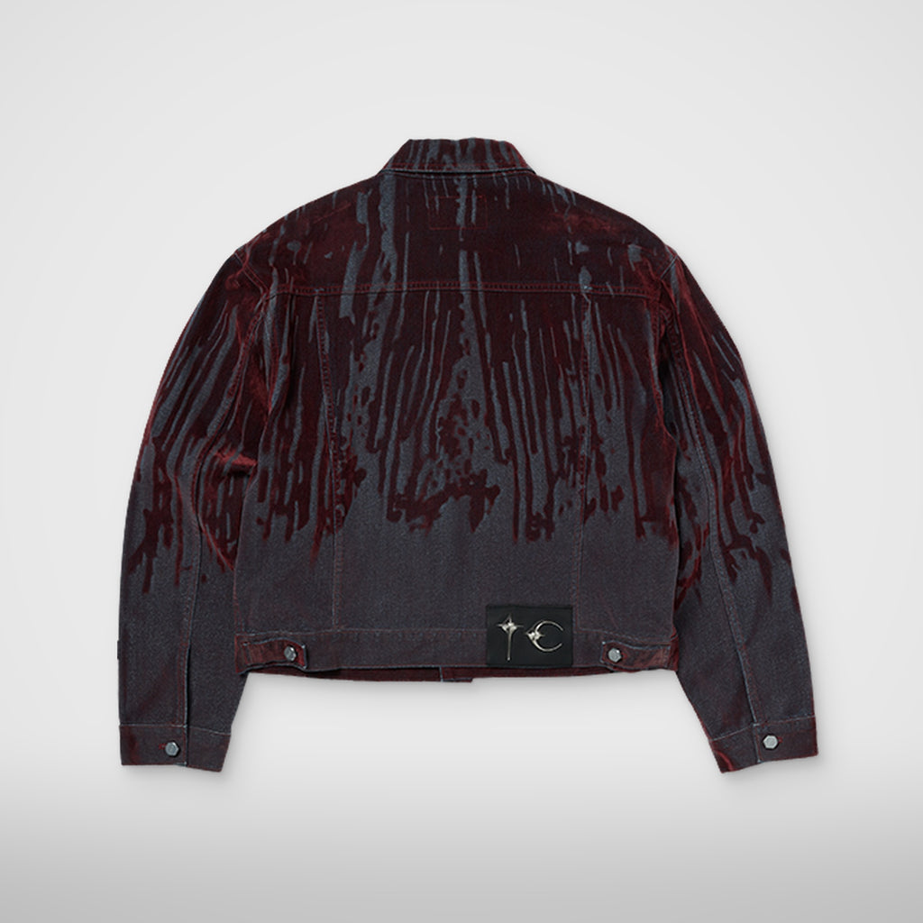 Thug Club Blood Lazered Denim Jacket in red, view 2 of 9