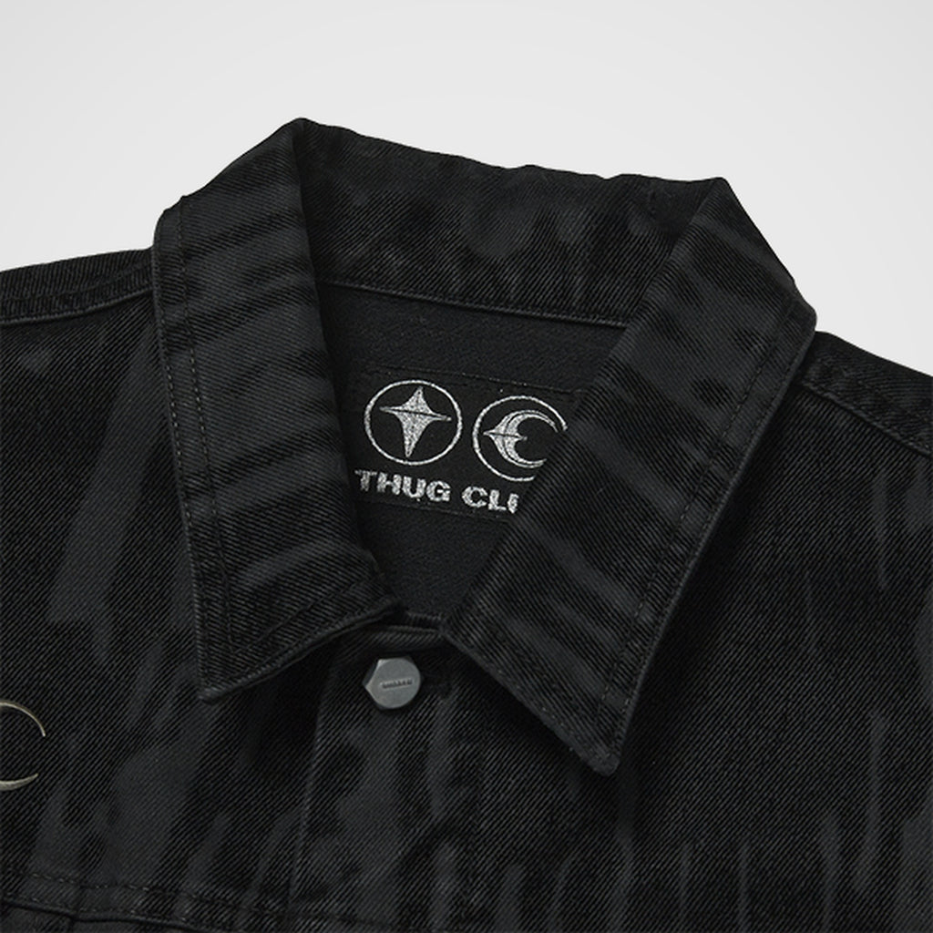 Thug Club Blood Lazered Denim Jacket in black, view 3 of 9