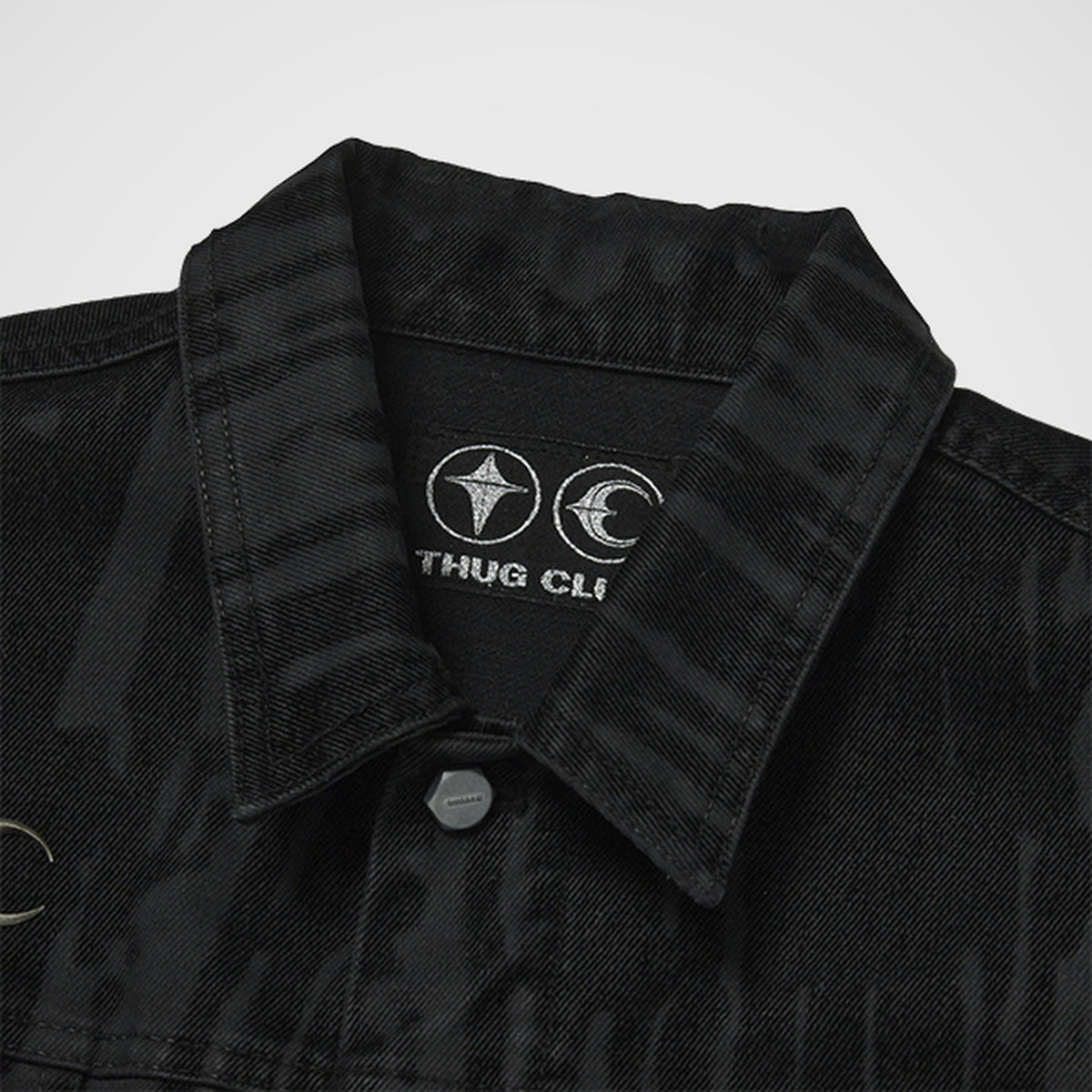 Thug Club Blood Lazered Denim Jacket in black, view 3 of 9