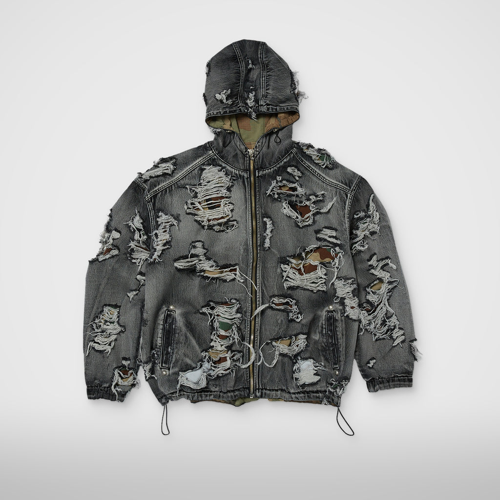 Thug Club Hell Denim Camo Hooded Zip-Up in black