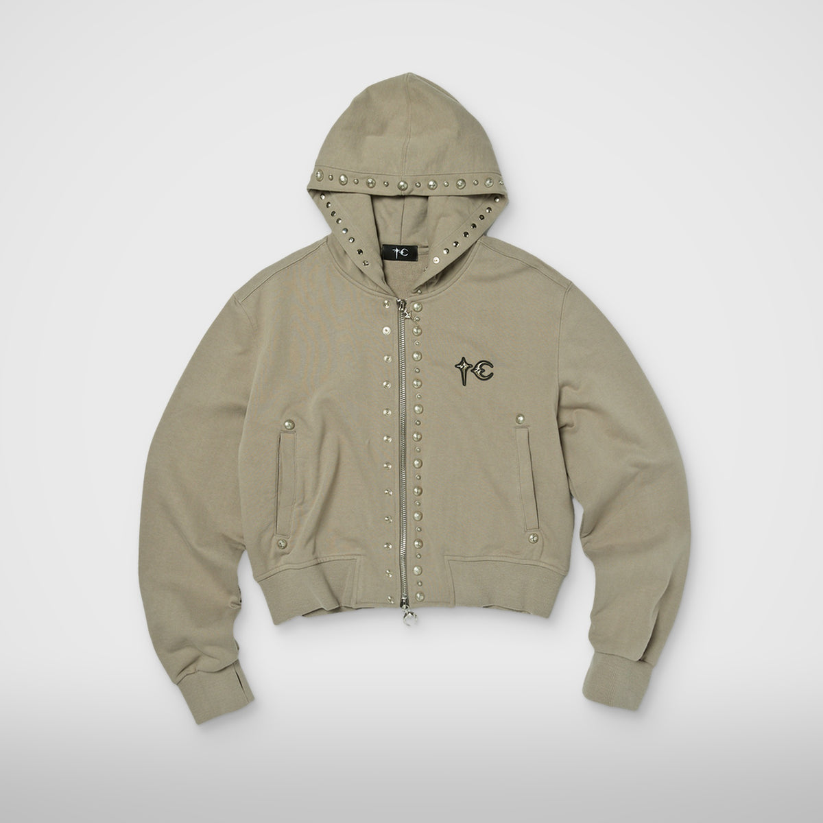 Thug Club TC Studded Line Cropped Zip-Up Hoodie in beige, front view