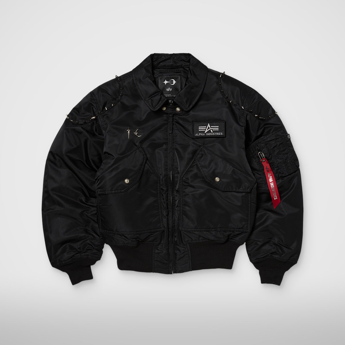 Thug Club X Alpha CWU 45/P Studded Jacket in black, front view