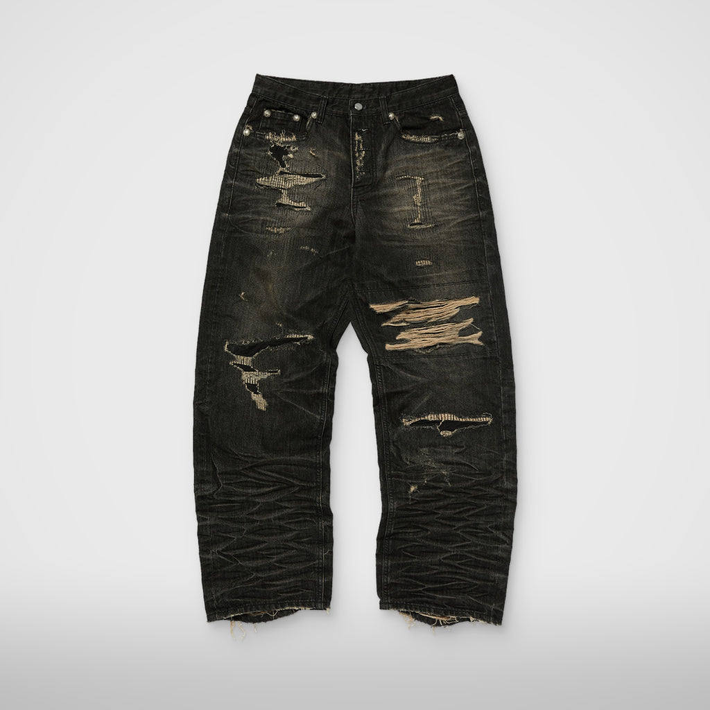 Thug Club Skull Stitch Ripped Denim Pants in black