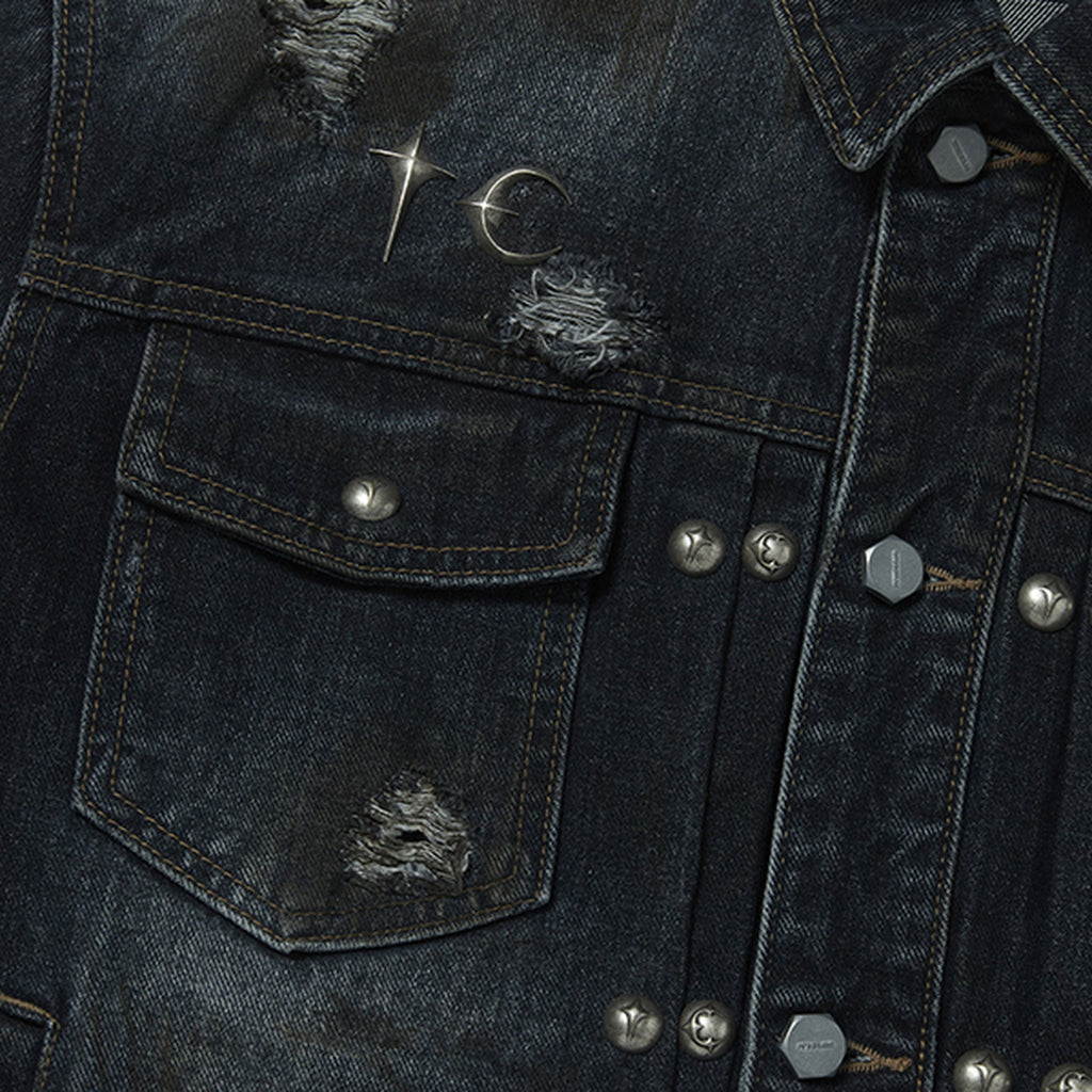 Thug Club Burn Down Denim Jacket in blue, view 4 of 9