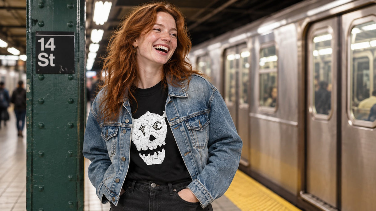 Woman in a blue denim jacket and black skull t-shirt laughing on a subway platform
