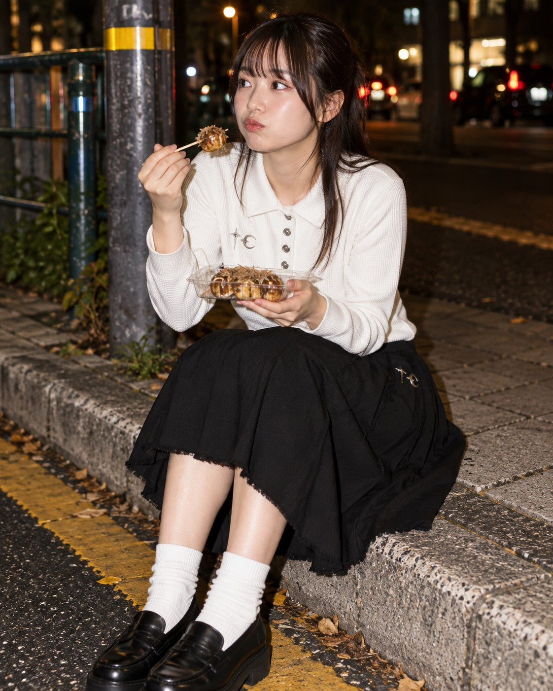 Woman in a white polo shirt and black pleated skirt sitting on a curb at night eating street food