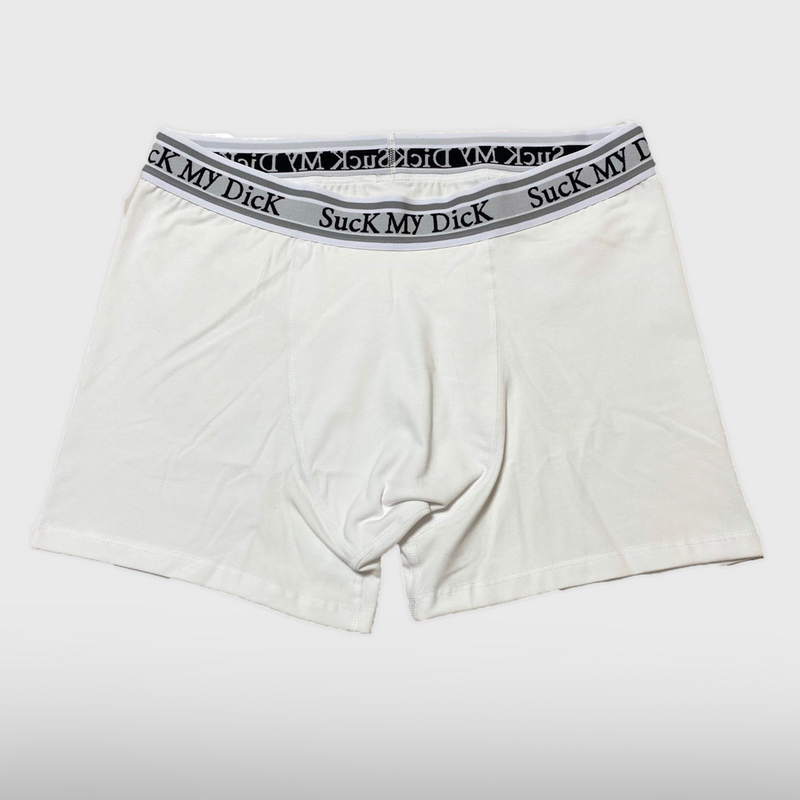 White Suck My Dick boxer briefs laid flat, front view with a white and grey waistband