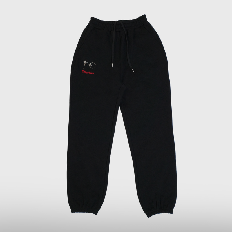 Thug Club TC Heavy Jogger Pants in black, front view with drawstring waist and embroidered TC emblem and Thug Club lettering
